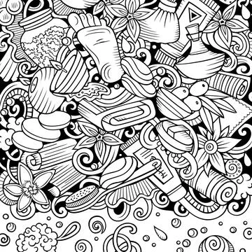 Bathroom hand drawn vector doodles illustration. Bath room frame card design. Stock Illustration