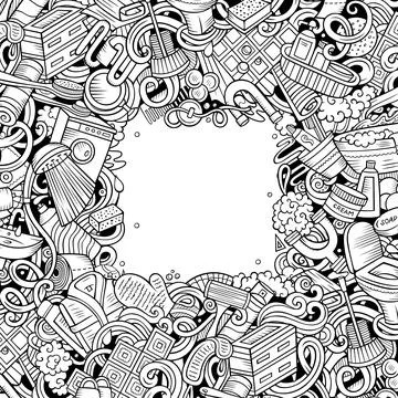 Bathroom hand drawn vector doodles illustration. Bath room frame card design. 스톡 일러스트