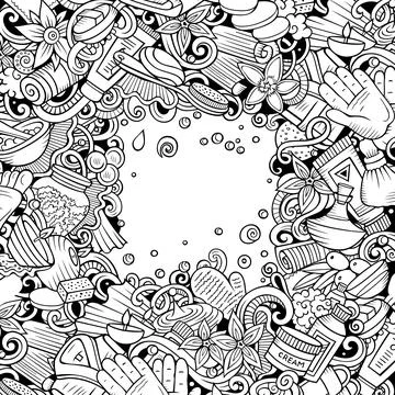 Bathroom hand drawn vector doodles illustration. Bath room frame card design. Stock Illustration