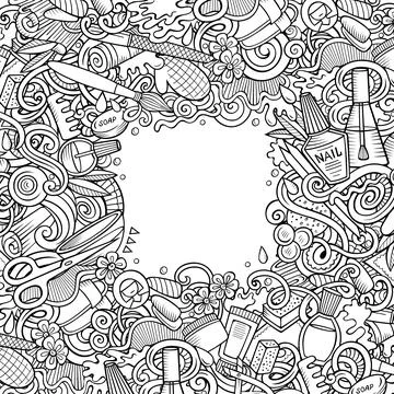 Bathroom hand drawn vector doodles illustration. Bath room frame card design. Illustrazione stock