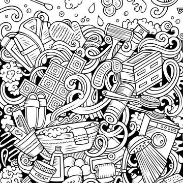 Bathroom hand drawn vector doodles illustration. Bath room frame card design. イラスト素材