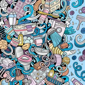 Bathroom hand drawn vector doodles illustration. Bath room frame card design. Stock Illustration