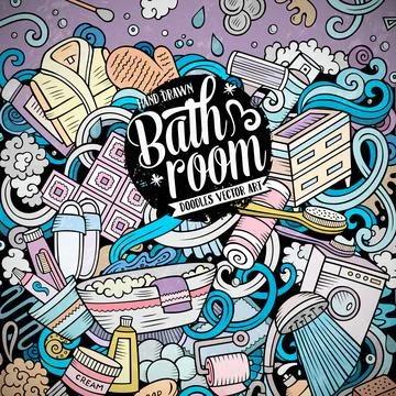 Bathroom hand drawn vector doodles illustration. Bath room frame card design. 스톡 일러스트