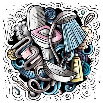Bathroom hand drawn vector doodles illustration. Bath room poster design. Stock Illustration