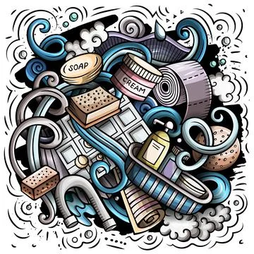 Bathroom hand drawn vector doodles illustration. Bath room poster design. Stock Illustration