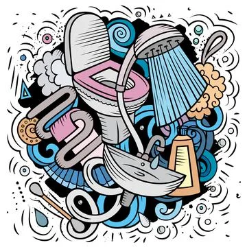 Bathroom hand drawn vector doodles illustration. Bath room poster design. Stock Illustration