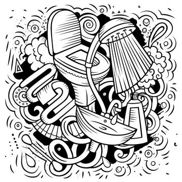 Bathroom hand drawn vector doodles illustration. Bath room design. 스톡 일러스트