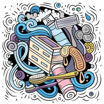 Bathroom hand drawn vector doodles illustration. Bath room poster design. Stock Illustration