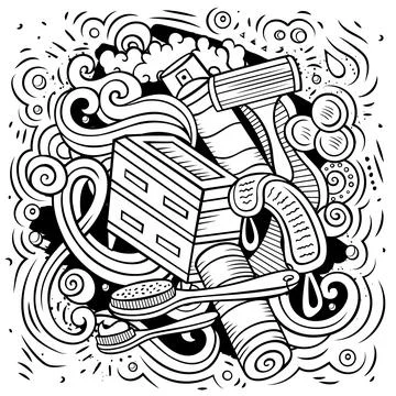Bathroom hand drawn vector doodles illustration. Bath room design. Illustrazione stock