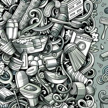 Bathroom hand drawn vector doodles illustration. Illustrazione stock