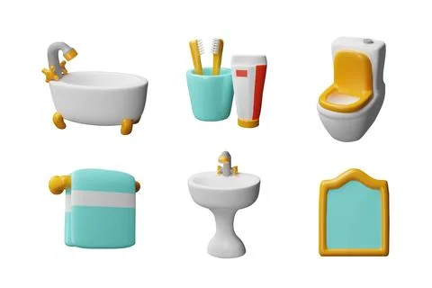 Bathroom hygiene accessories and interior equipment 3D vector set, bath, ceramic Stock Illustration