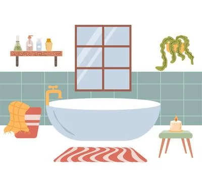 Bathroom illustration with ceramic tiles, laundry basket and window. Stock Illustration