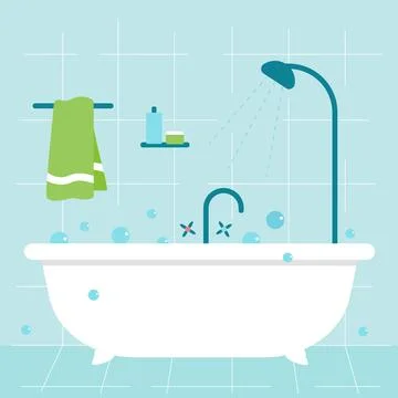 Bathroom interior. Bath and shower, towel on hanger and hygiene products Stock Illustration