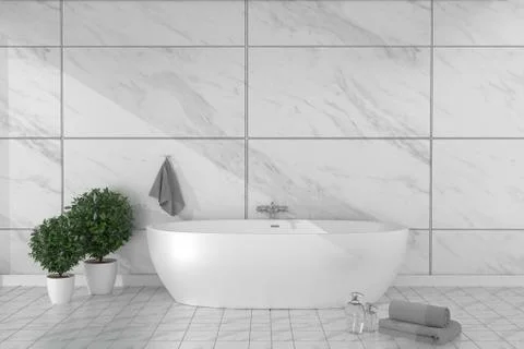 Bathroom interior bathtub in ceramic tile floor on granite tiles wall backgro Illustrazione stock