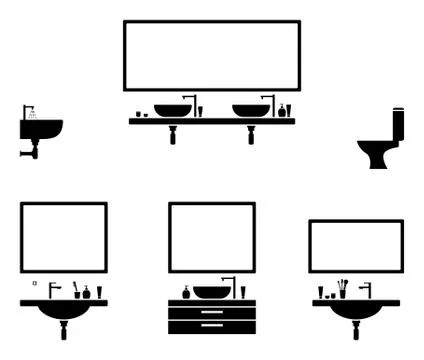 Bathroom interior black and white icon set Stock Illustration