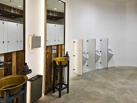 Bathroom interior with copper and ceramic sanitary ware. Oval ceramic urina.. Stock Photos