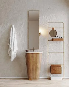 Bathroom interior with decorative plaster wall, wooden furniture, mirror w... Stock Photos