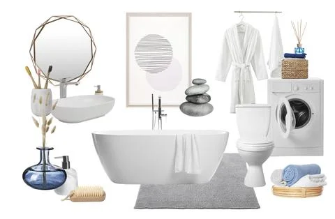 Bathroom interior design. Collage with different combinable items and decor.. 스톡 사진