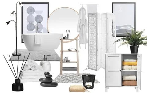 Bathroom interior design. Collage with different combinable items and decor.. 写真素材