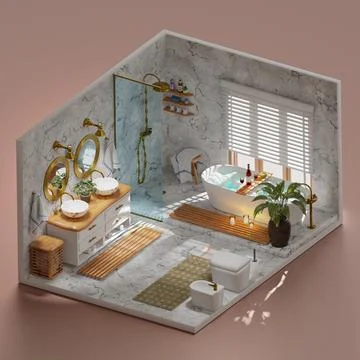 Bathroom interior design with marble floor. 3d isometric illustration. Stock Illustration