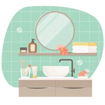 Bathroom interior design. Modern sink table, mirror and bath towels flat vector Stock Illustration