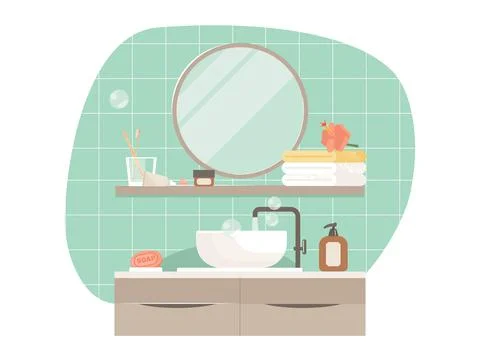 Bathroom interior design. Modern sink table, mirror and bath towels flat vector Stock-Illustration