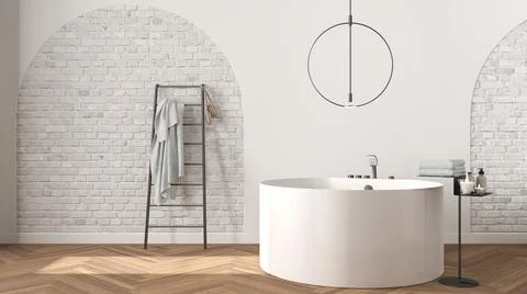Bathroom interior design showcase, classic set, arched brick walls, parquet f Illustrazione stock