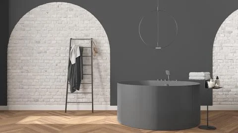 Bathroom interior design showcase, classic set, gray arched brick walls, parq Stock Illustration