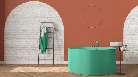 Bathroom interior design showcase, classic set, arched brick walls, parquet f Illustrazione stock