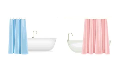 Bathroom interior elements set. Bathtub and shower curtain cartoon vector Illustrazione stock
