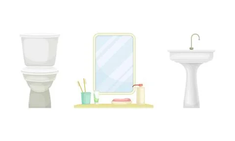 Bathroom interior elements set. Toilet bowl, sink and mirror cartoon vector Illustrazione stock
