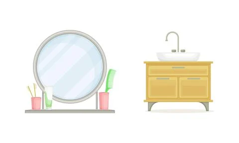 Bathroom interior elements set. Washbasin cabinet and circle mirror cartoon Illustrazione stock