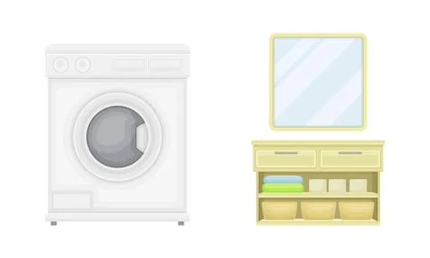 Bathroom interior elements set. Washing machine and mirror cartoon vector Stock Illustration