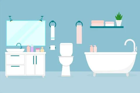 Bathroom interior. Flat illustration of a room with a toilet, bath, washbasin Stock Illustration