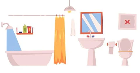 Bathroom interior furniture elements flat vector illustration background. Stock Illustration