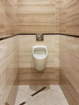 Bathroom interior in light beige and white colors. Oval ceramic toilet. Place Stock Photos