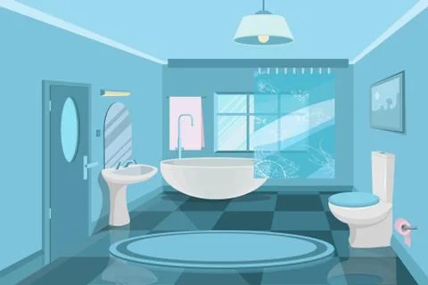 Bathroom interior modern, 3d, bathroom design, interior of the room in blue,  Stock Illustration