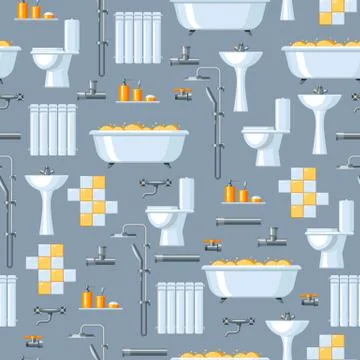 Bathroom interior. Plumbing seamless pattern. Stock Illustration