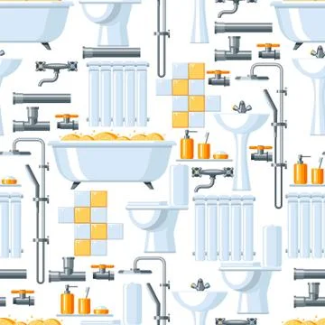 Bathroom interior. Plumbing seamless pattern. Stock Illustration