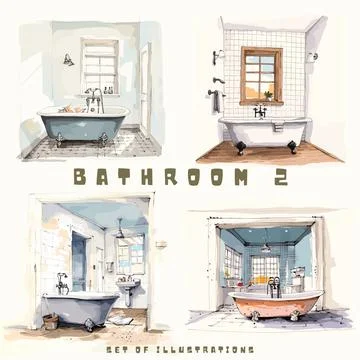 Bathroom interior set. Hand drawn vector illustration in sketch style 스톡 일러스트