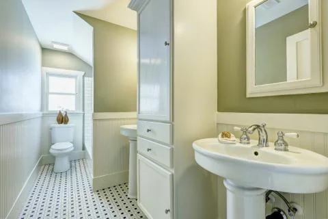 Bathroom interior with siding wall trim Stock Photos