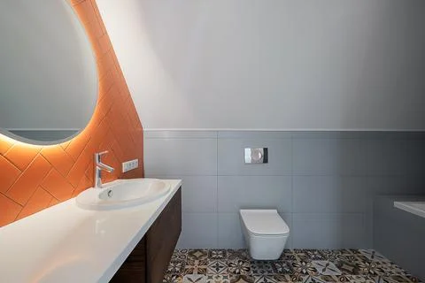 Bathroom interior sink round mirror Stock Photos