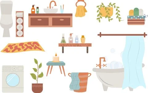 Bathroom interior. Toilet elements set. Vector flat illustration Stock Illustration