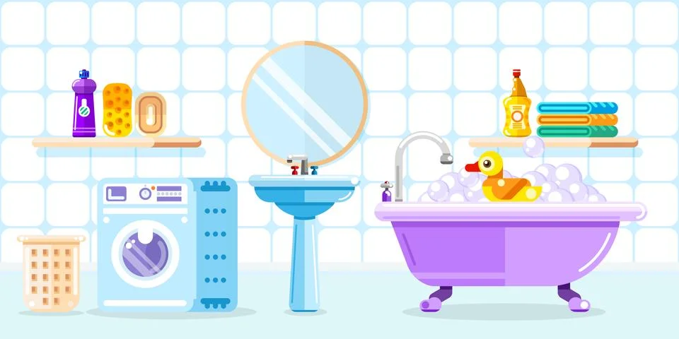 Bathroom interior, vector flat style illustration. Baby shower toys, furnitur Stock-Illustration