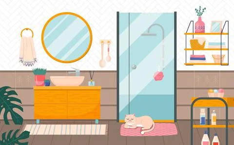 Bathroom interior. Washbasin with round mirror, shower cabin and furniture, cozy Illustrazione stock