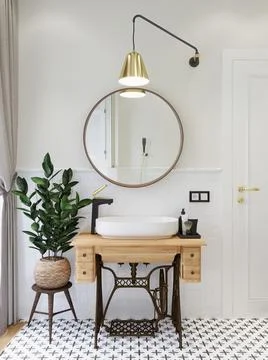 Bathroom interior. Washbasin on a sewing machine cabinet. 3D render. Stock Illustration