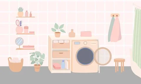 Bathroom interior with washing machine, flowers, shelf, towels. Simple cute flat Stock Illustration