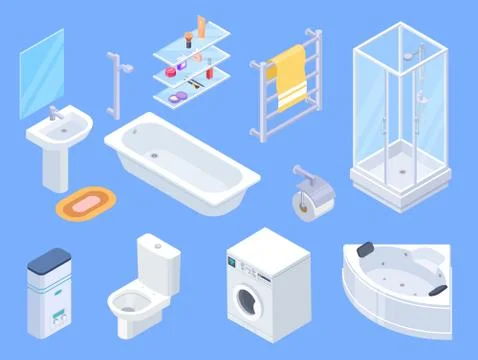 Bathroom isometric. Bathrooms interior isometrics elements, toilet water closet Stock Illustration