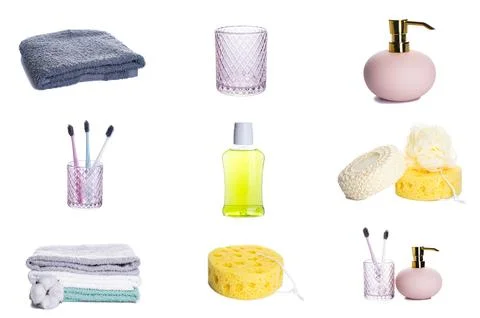 Bathroom items collage. Bathroom items collage isolated on white. Stock Photos