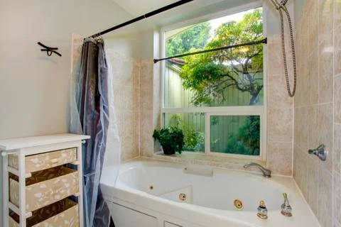 Bathroom in master bedroom with backyard view Stock Photos